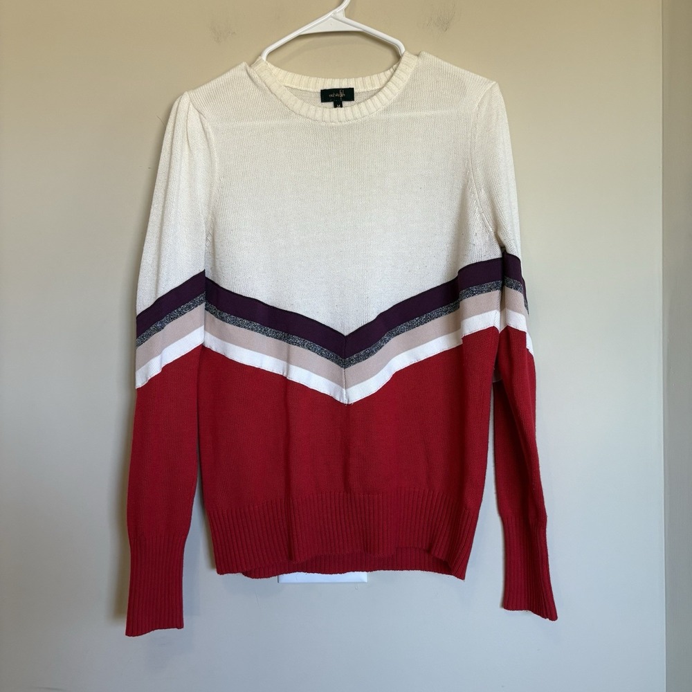 Ontwelfth Sweater Womens Medium‎ Red Ivory Stripe Long Sleeve Crewneck
